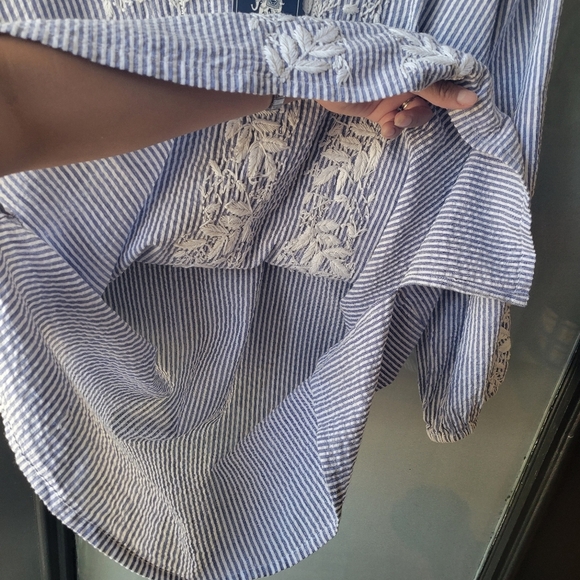 MADISON MATHEWS  Blue White Striped Embroidered Tunic L Cotton 3/4 Sleeves RARE - Picture 7 of 11